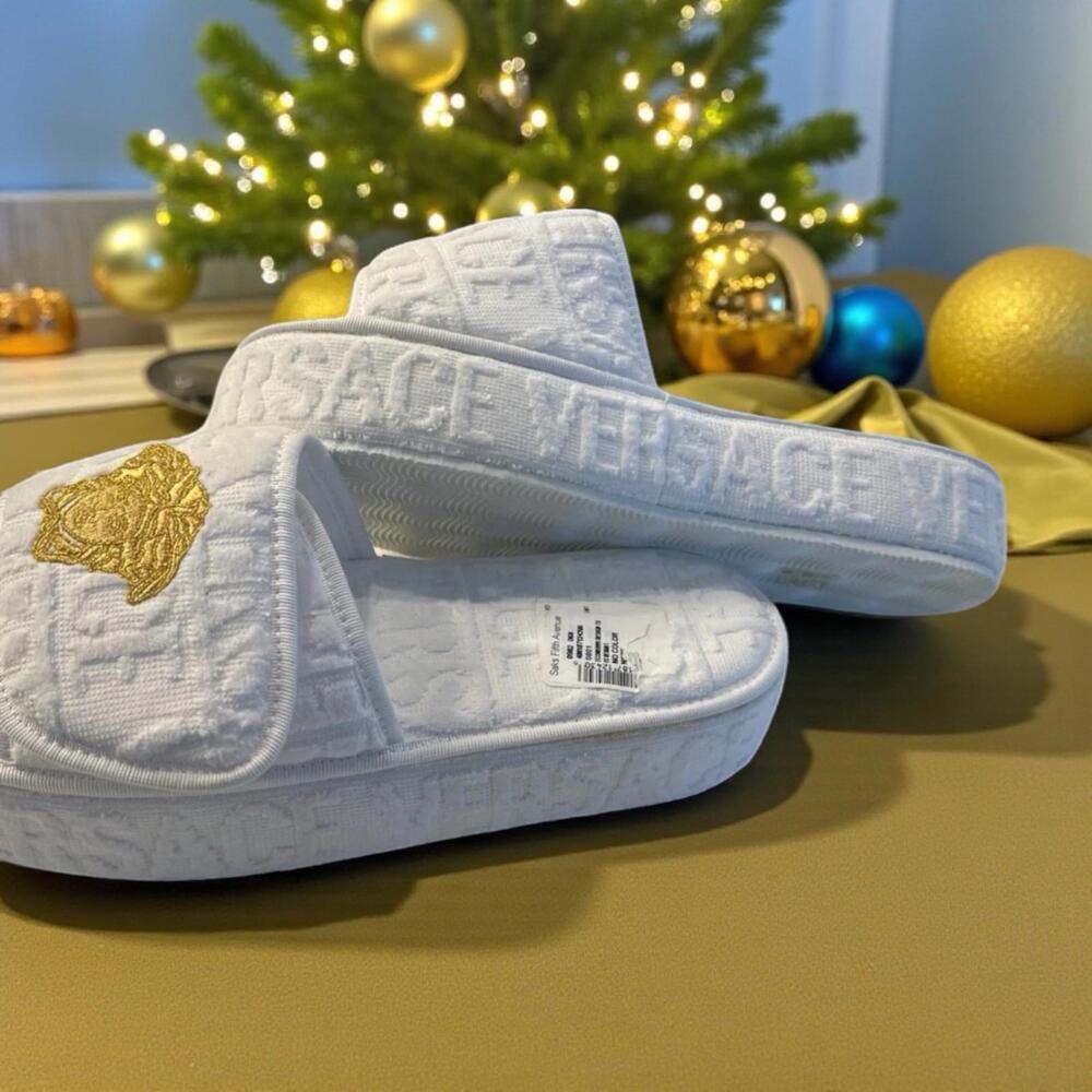 $475 White Versace Medusa Head Fabric platform slippers Size 41